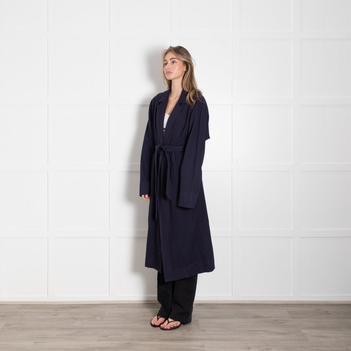 Raquel Allegra Navy Cotton Long Trench Coat