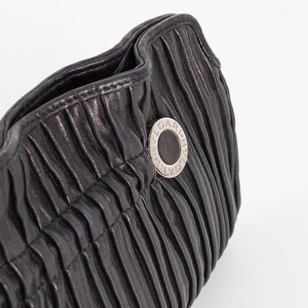 Bvlgari Black Pleated Leather Silver Hardware Clutch Bag