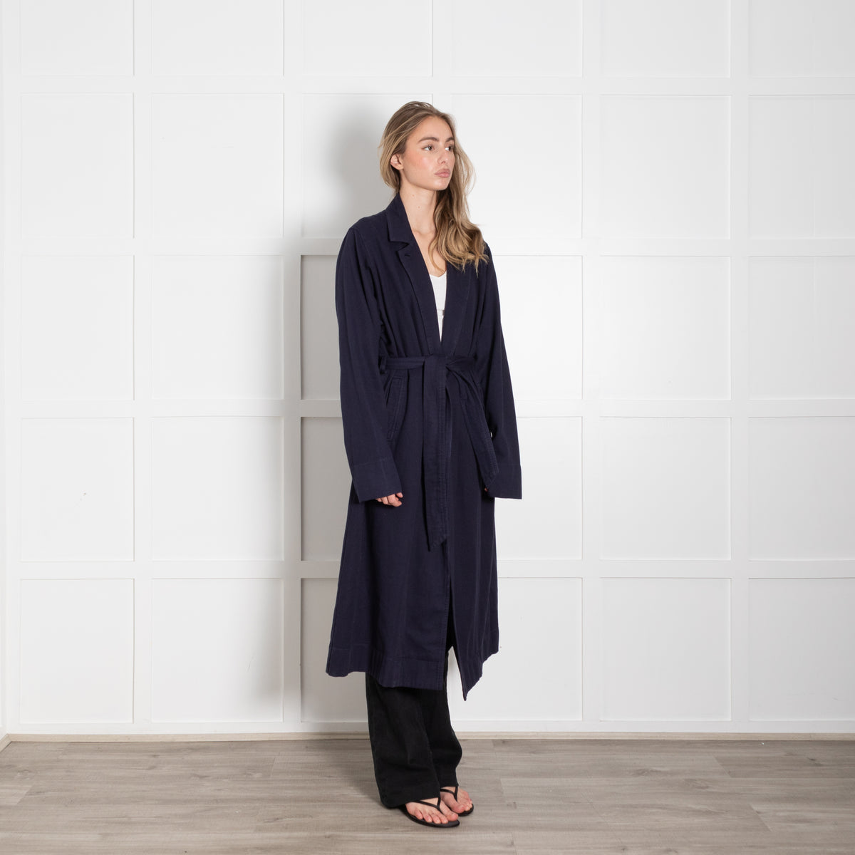 Raquel Allegra Navy Cotton Long Trench Coat