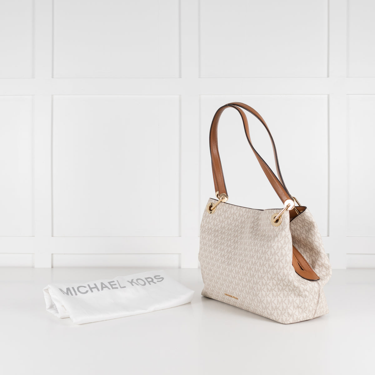 Michael Kors Cream Logo Print Kensington Tote Bag With Tan Straps