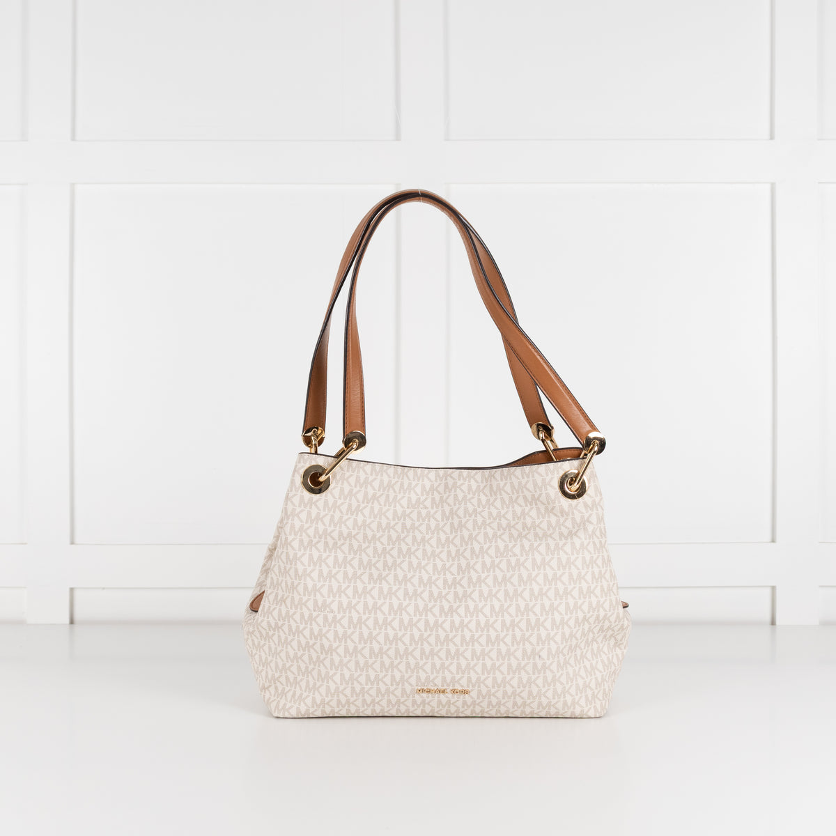 Michael Kors Cream Logo Print Kensington Tote Bag With Tan Straps