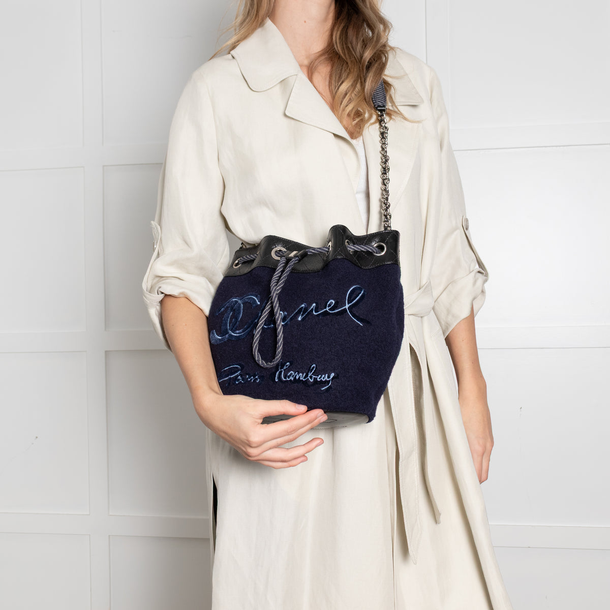 Chanel Navy Felt Black Leather Trim Paris Hamburg Bucket Bag