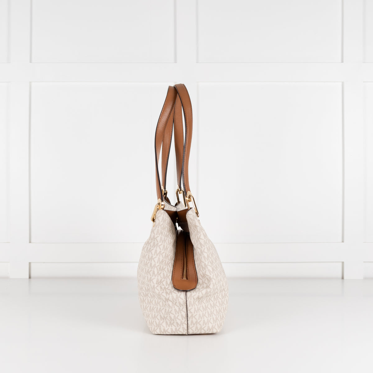 Michael Kors Cream Logo Print Kensington Tote Bag With Tan Straps