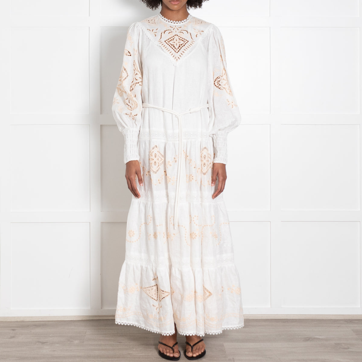 Alemais Cream Linen Peach Embroidered Cutwork Detail Sleeved Maxi Dress