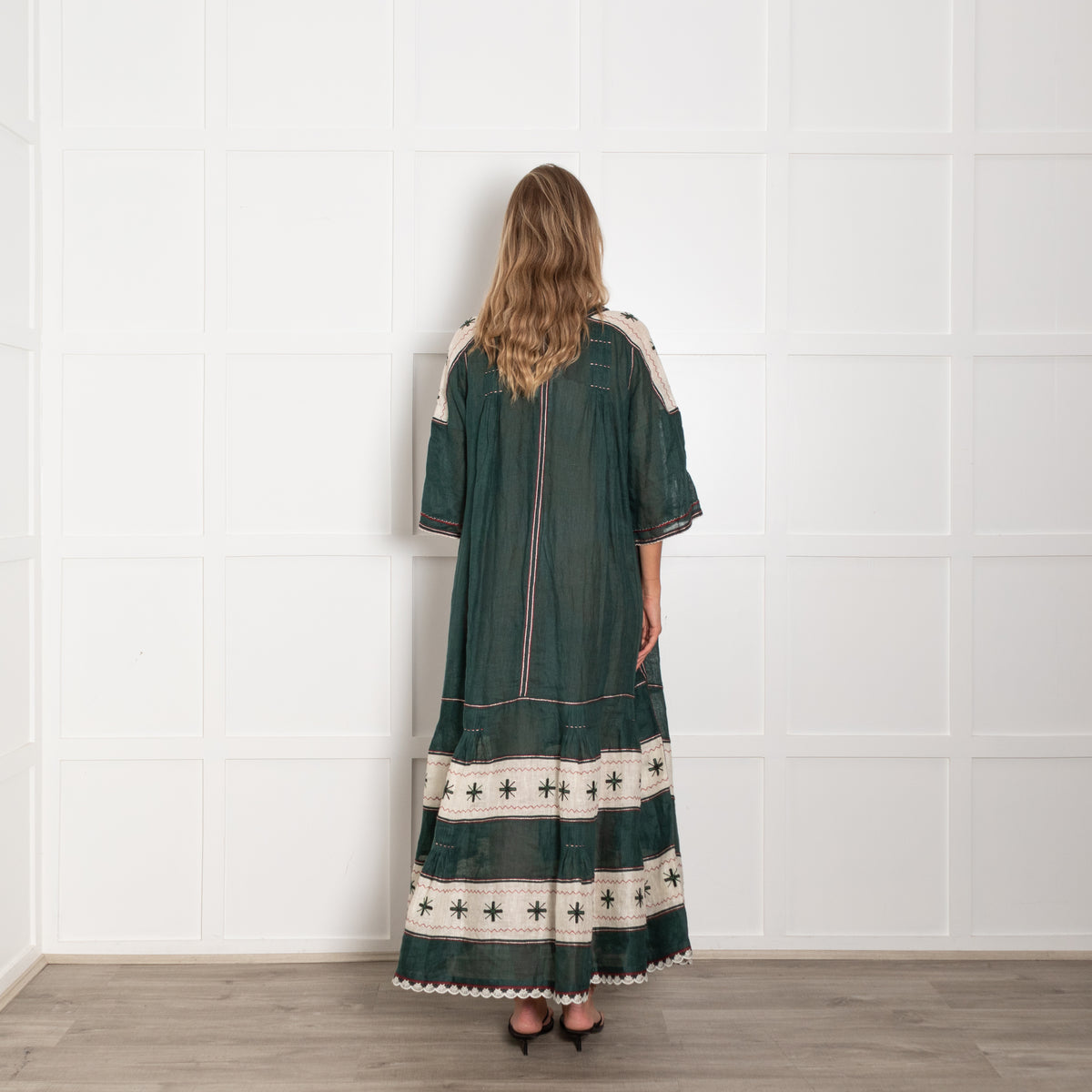 Vita Kin Dark Green Cream Linen Long Kaftan Dress