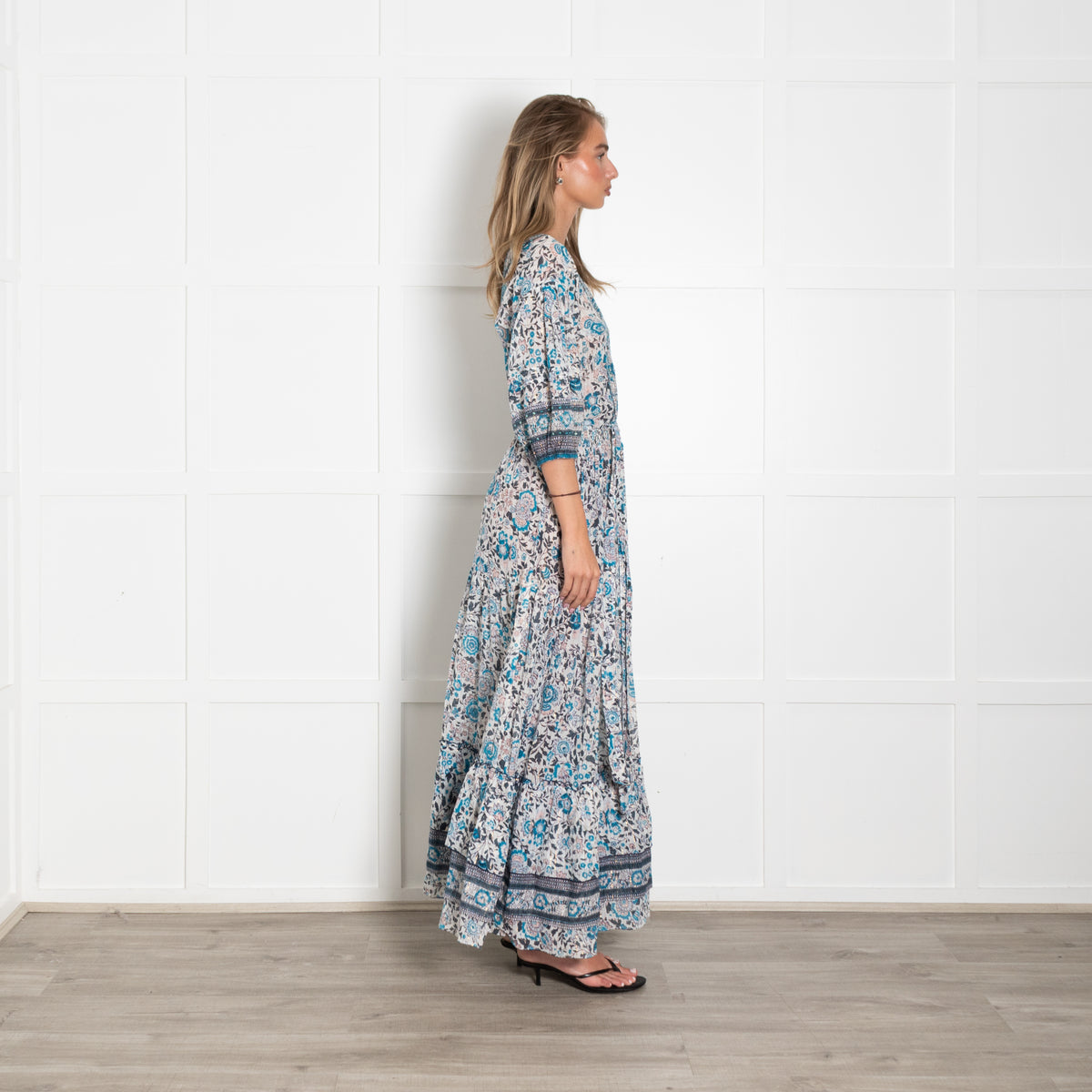 Poupette St Barth White Blue Floral Gold Lurex Stripe Maxi Dress