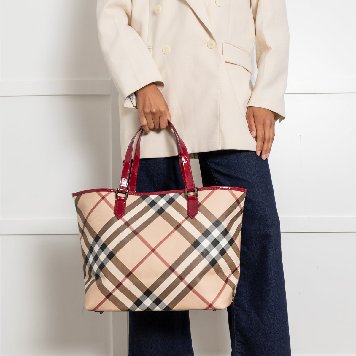 Burberry Nova Check Tote Bag with Red Patent Handles