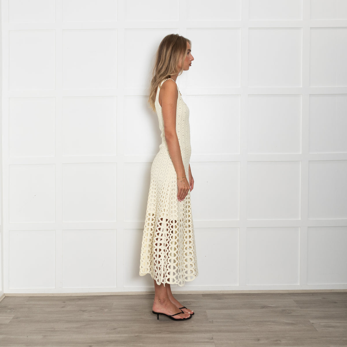 Maje Butter Yellow Crochet Crystal Midi Dress