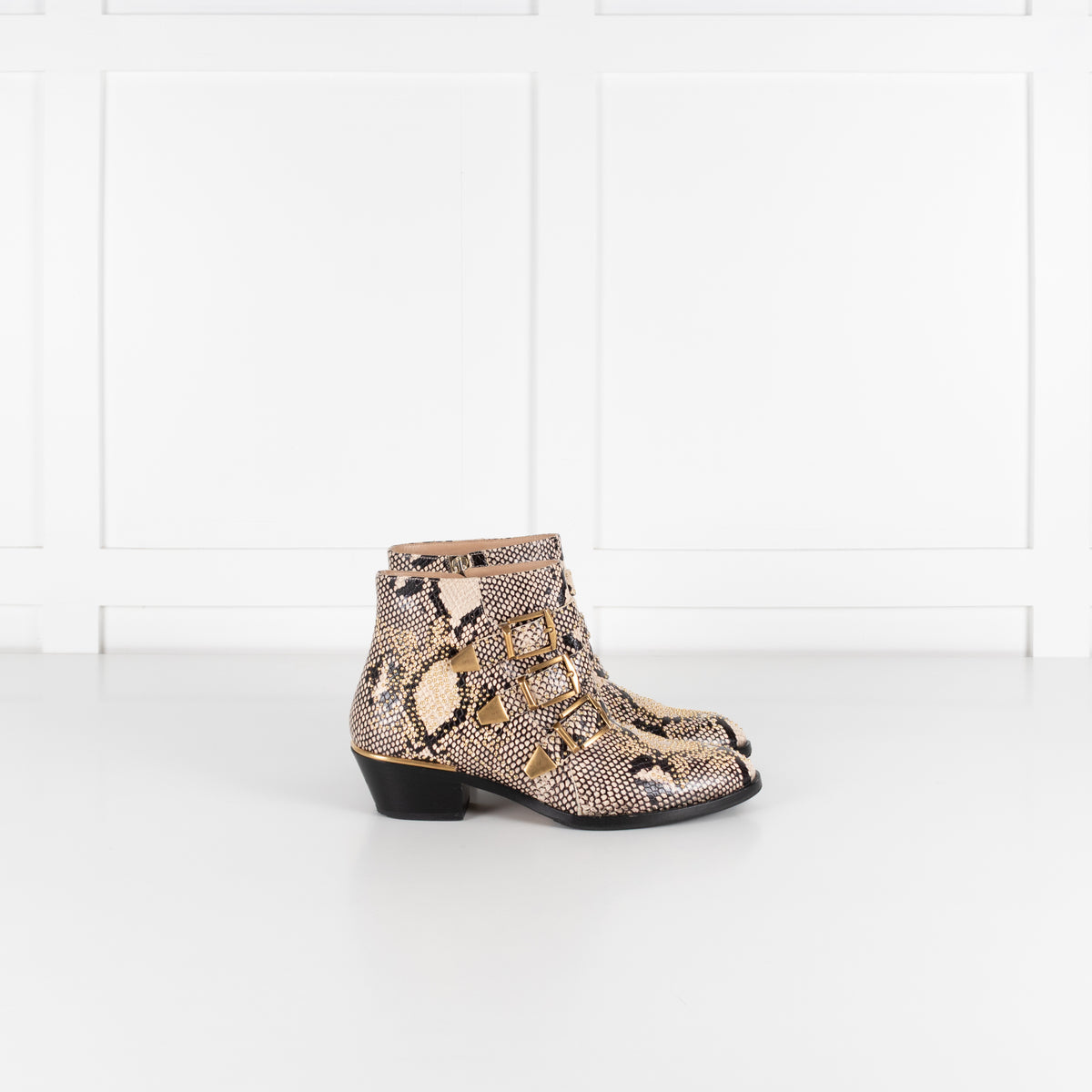 Chloe Beige Black Animal Print Leather Gold Stud Suzanna Ankle Boots