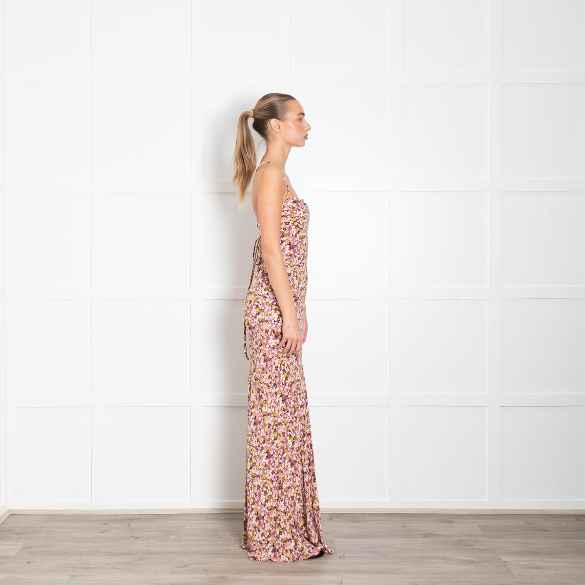 Faithfull The Brand Pink Brown Yellow Floral Maxi Dress With Lace Up Back