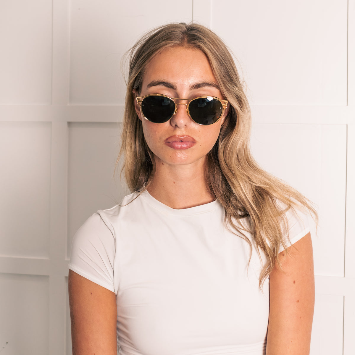 Linda Farrow Gold Titanium Round Sunglasses with Green Lens