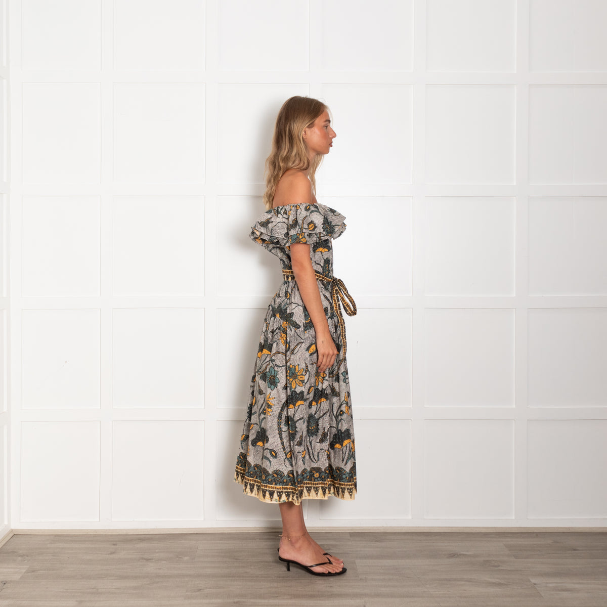 Ulla Johnson White Green Yellow Floral Off The Shoulder Ruffle Dress