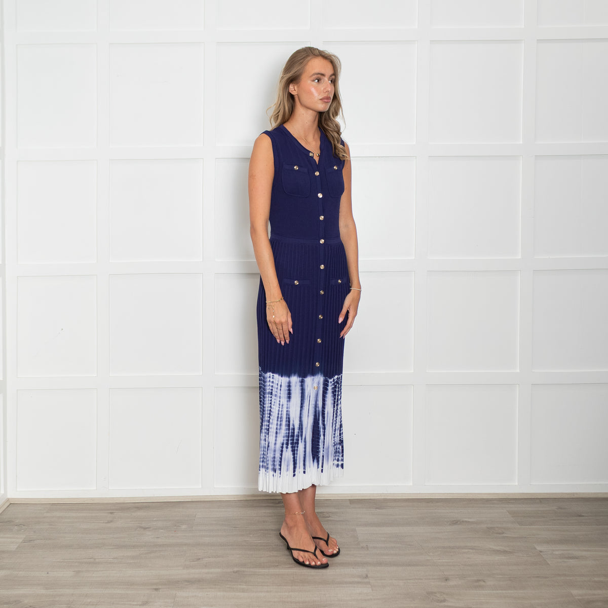 Maje Navy Collarless Midi Dress with Tie Dye Skirt