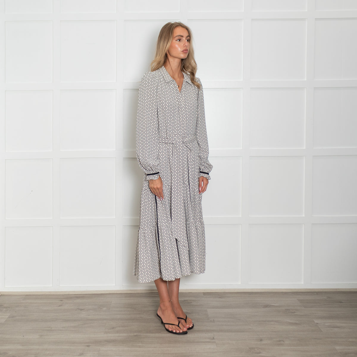Me + Em Geometric Green and White Maxi Dress with Tie