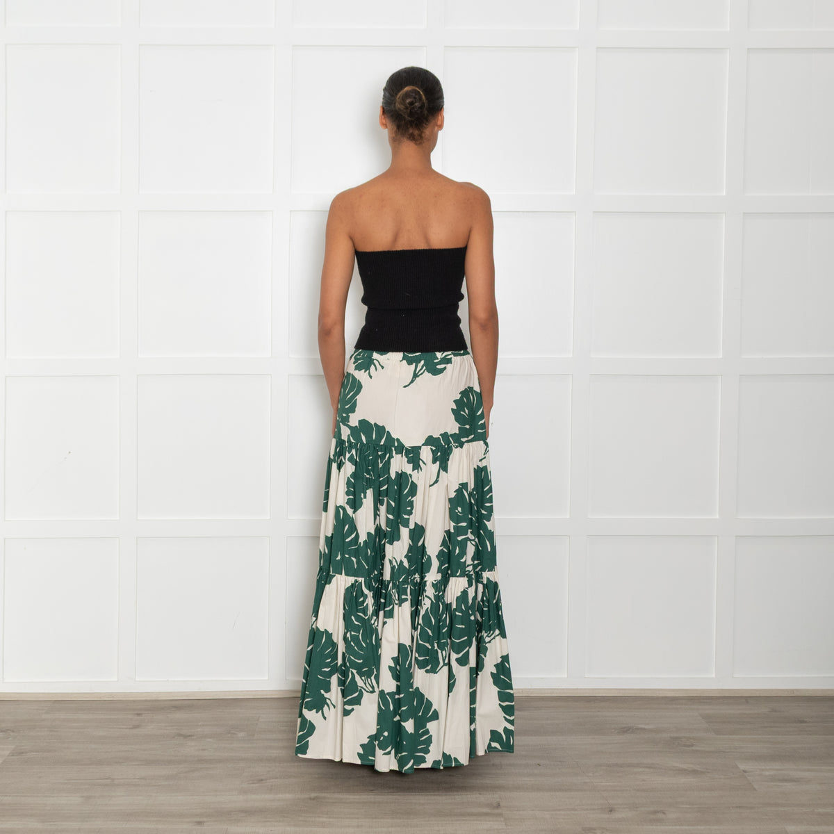 La Double J  Cream Green Botanical Cotton Tiered Maxi Skirt