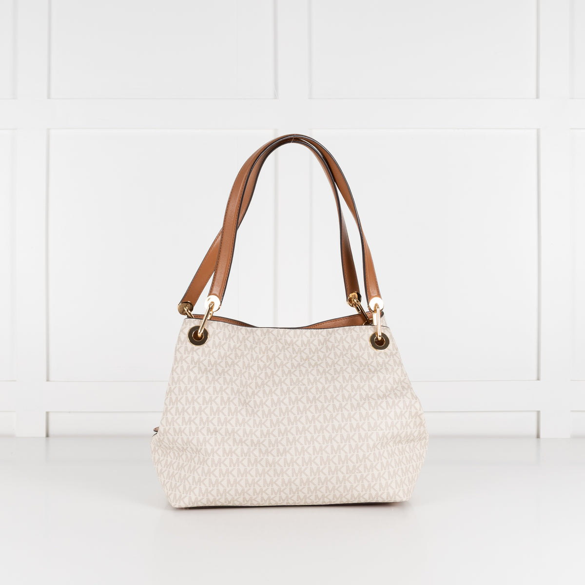 Michael Kors Cream Logo Print Kensington Tote Bag With Tan Straps