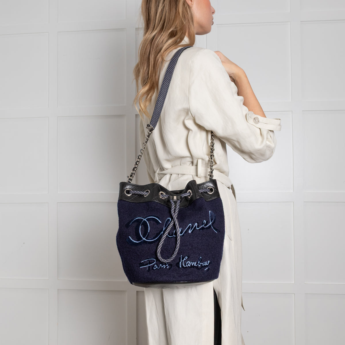 Chanel Navy Felt Black Leather Trim Paris Hamburg Bucket Bag