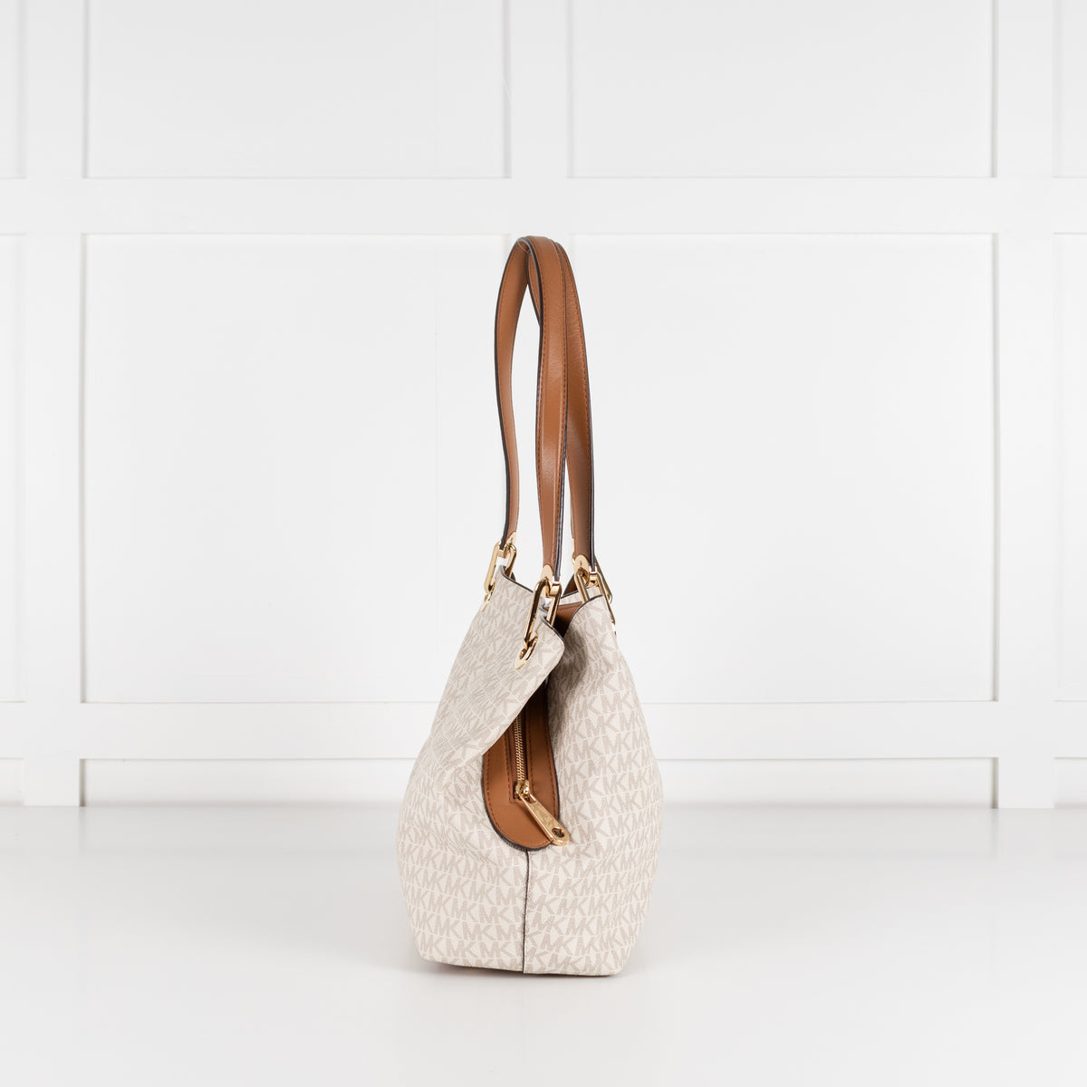 Michael Kors Cream Logo Print Kensington Tote Bag With Tan Straps