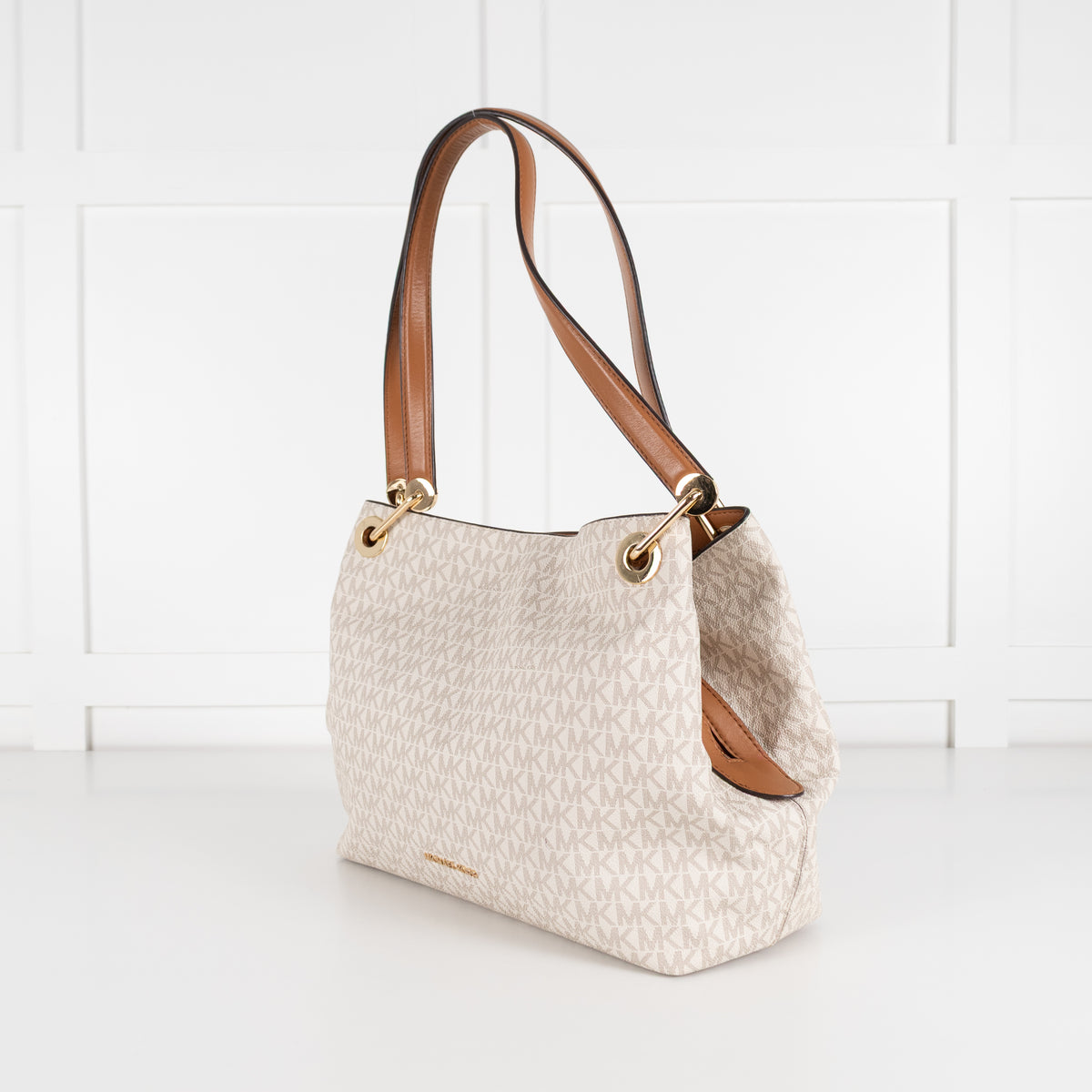 Michael Kors Cream Logo Print Kensington Tote Bag With Tan Straps