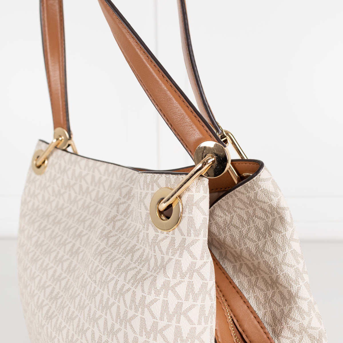 Michael Kors Cream Logo Print Kensington Tote Bag With Tan Straps