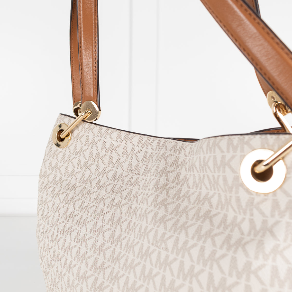 Michael Kors Cream Logo Print Kensington Tote Bag With Tan Straps