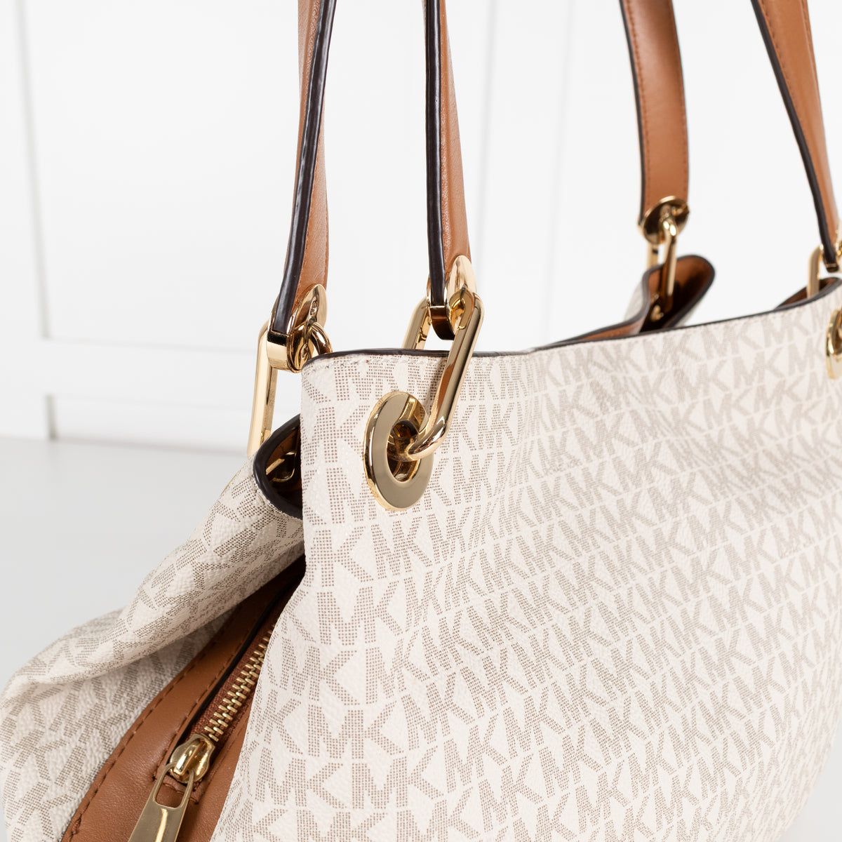 Michael Kors Cream Logo Print Kensington Tote Bag With Tan Straps