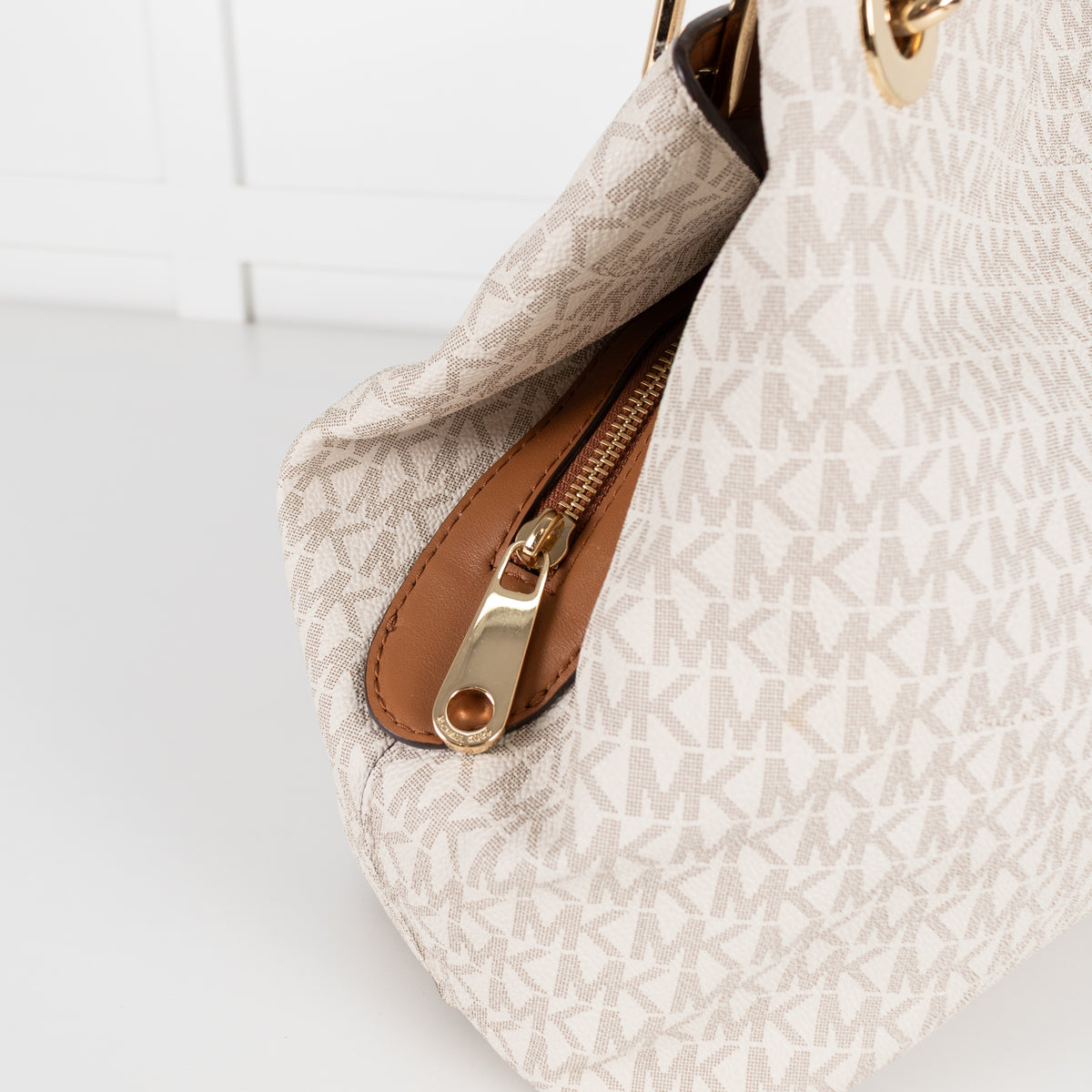 Michael Kors Cream Logo Print Kensington Tote Bag With Tan Straps