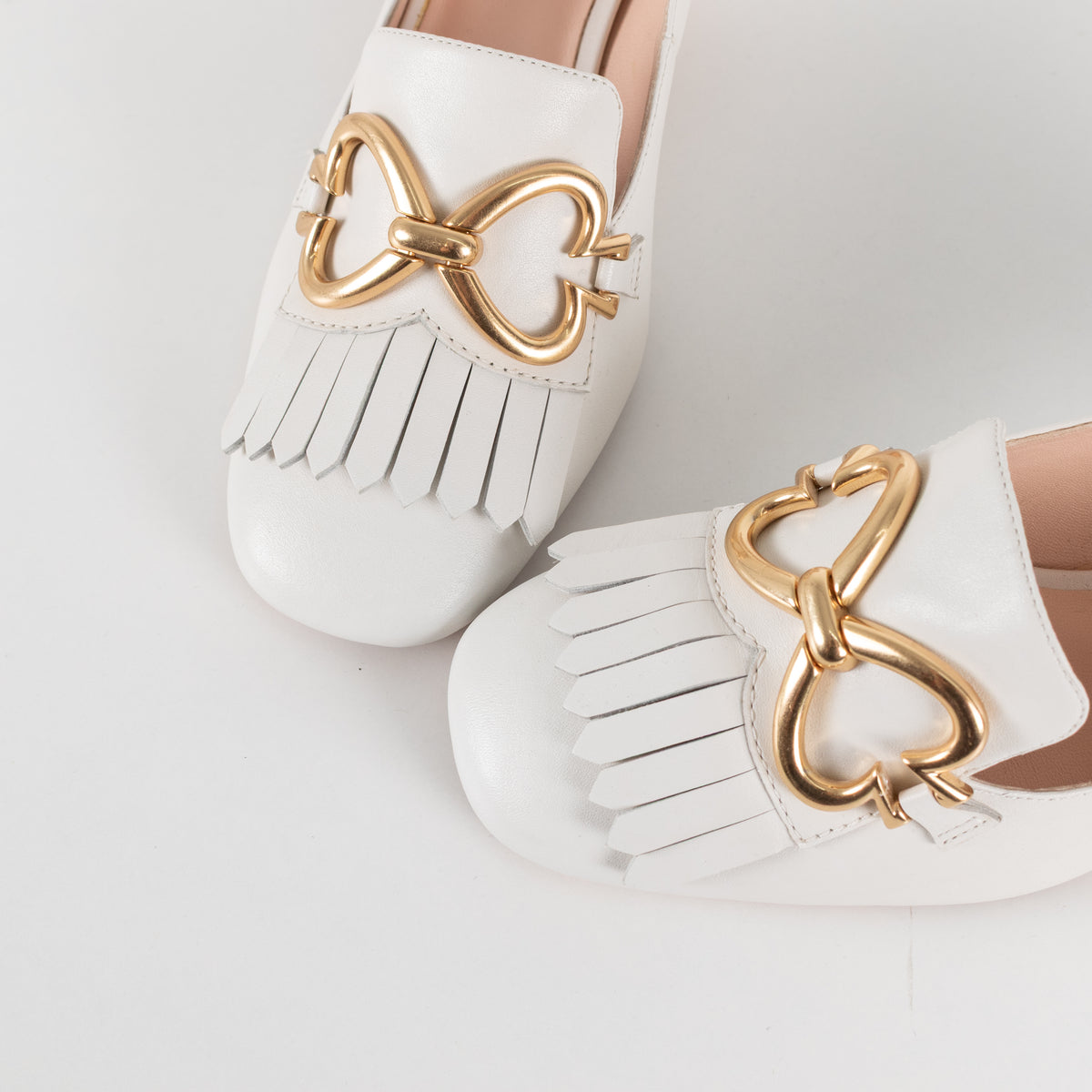 Kate Spade Cream Leather Gold Buckle Block Heeled Loafers