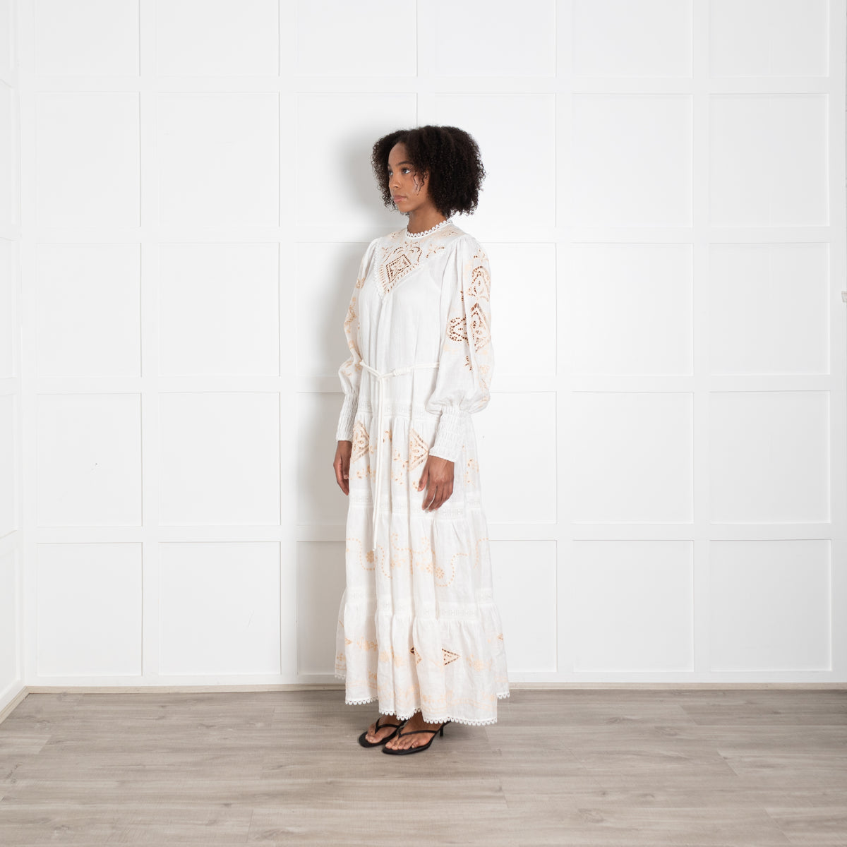 Alemais Cream Linen Peach Embroidered Cutwork Detail Sleeved Maxi Dress
