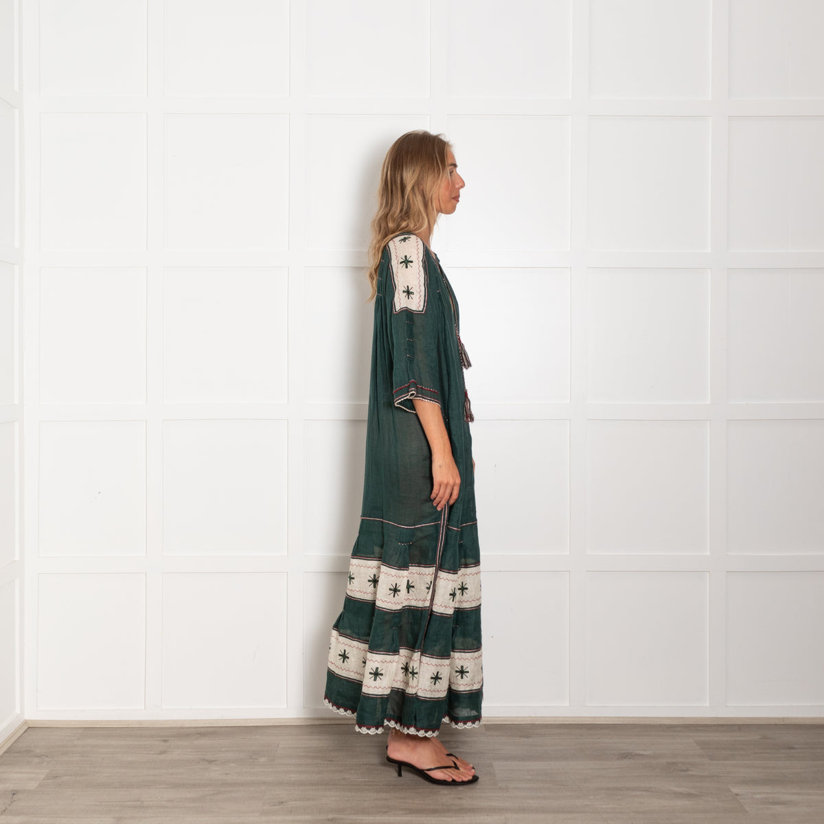 Vita Kin Dark Green Cream Linen Long Kaftan Dress