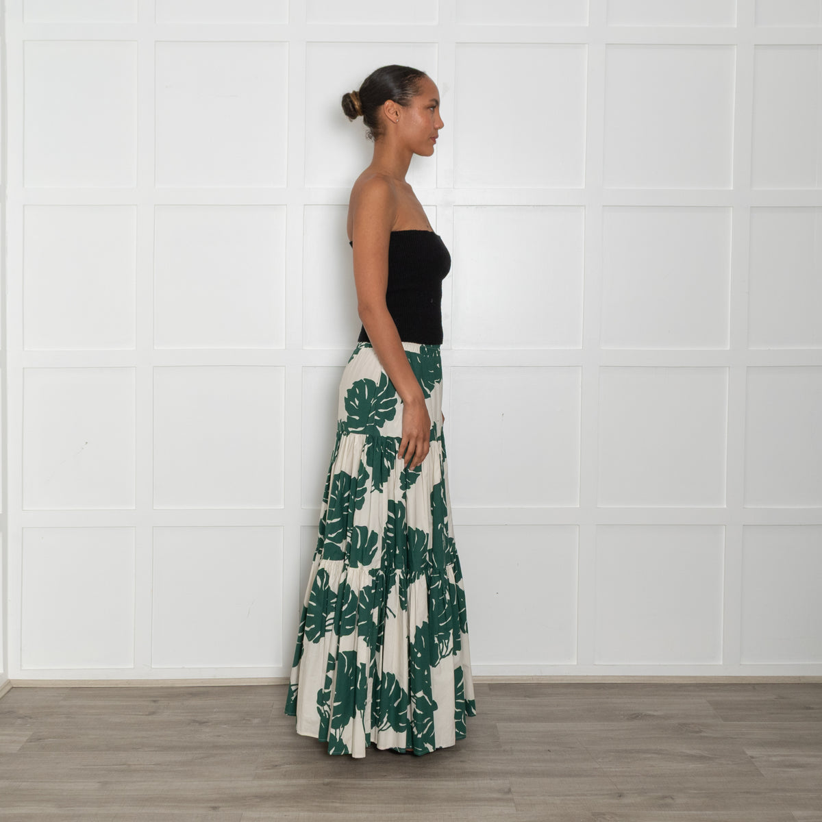 La Double J  Cream Green Botanical Cotton Tiered Maxi Skirt