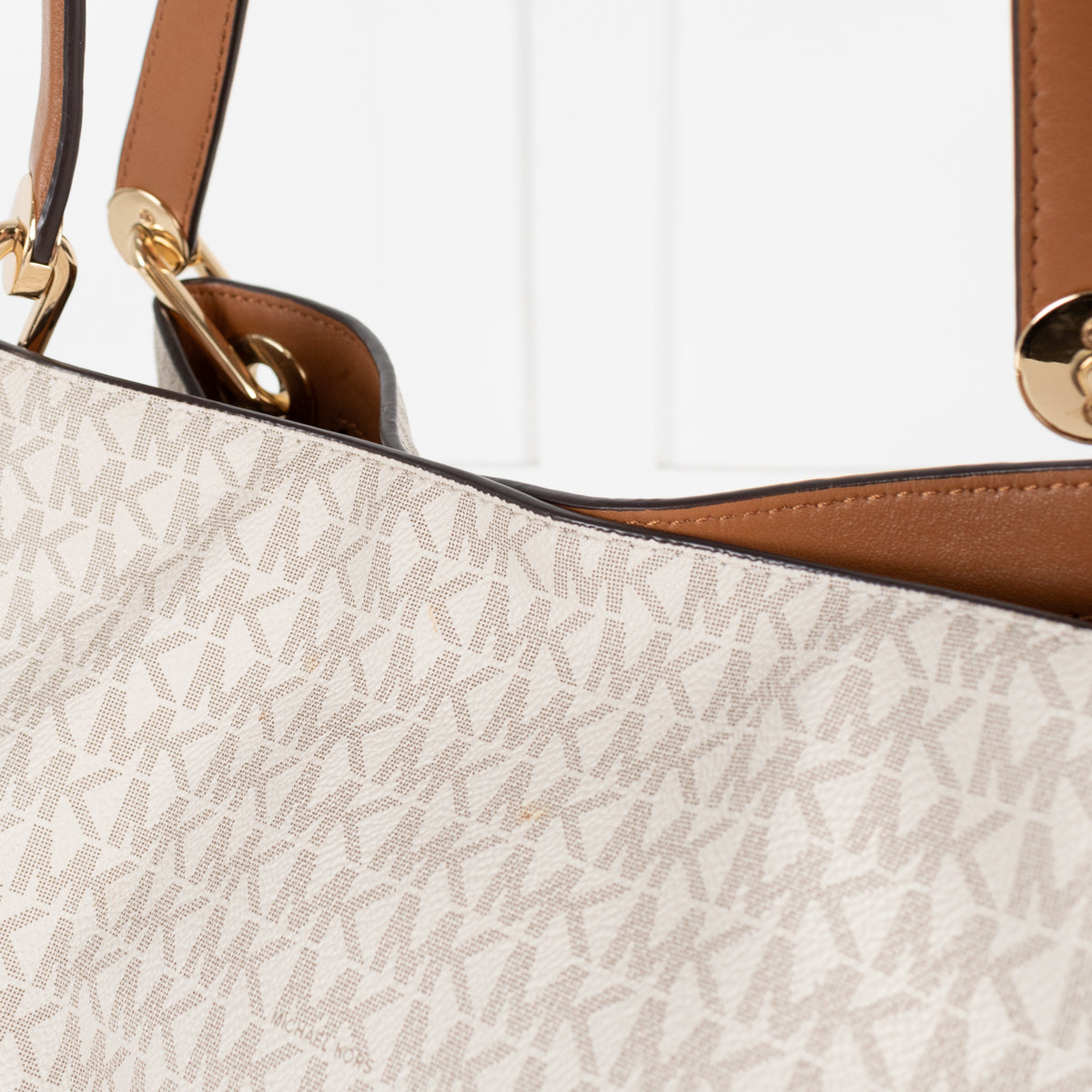 Michael Kors Cream Logo Print Kensington Tote Bag With Tan Straps