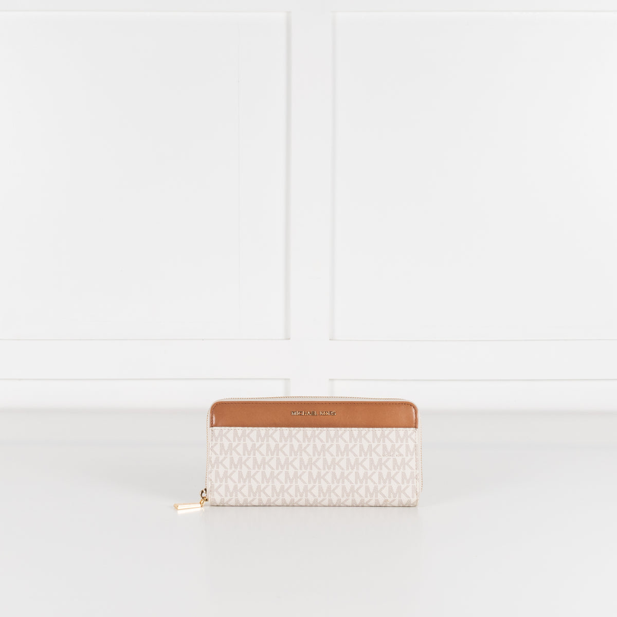 Michael Kors Cream Tan Logo Print Gold Zip Wallet