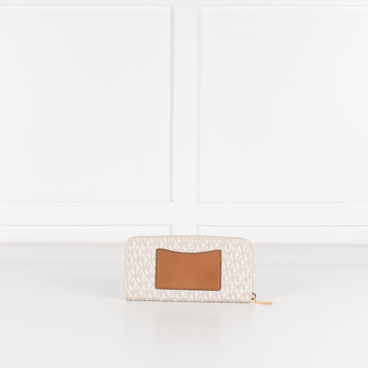 Michael Kors Cream Tan Logo Print Gold Zip Wallet