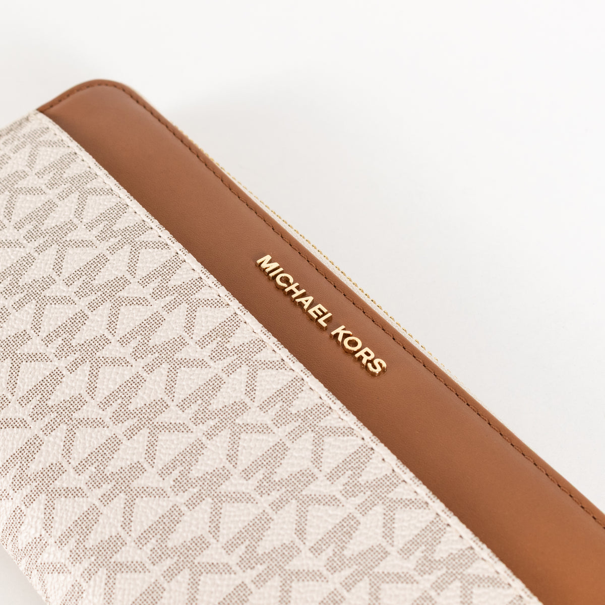 Michael Kors Cream Tan Logo Print Gold Zip Wallet