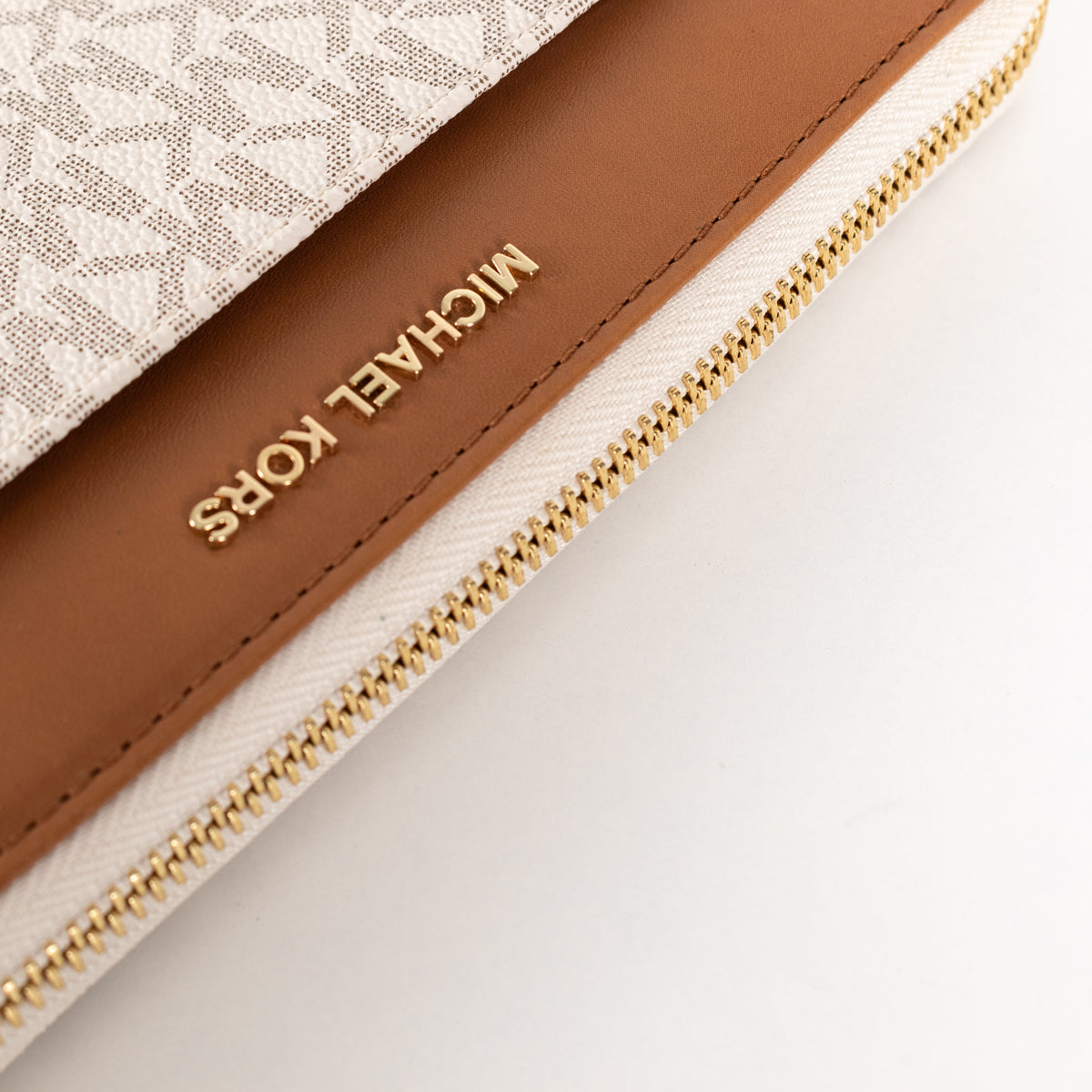 Michael Kors Cream Tan Logo Print Gold Zip Wallet