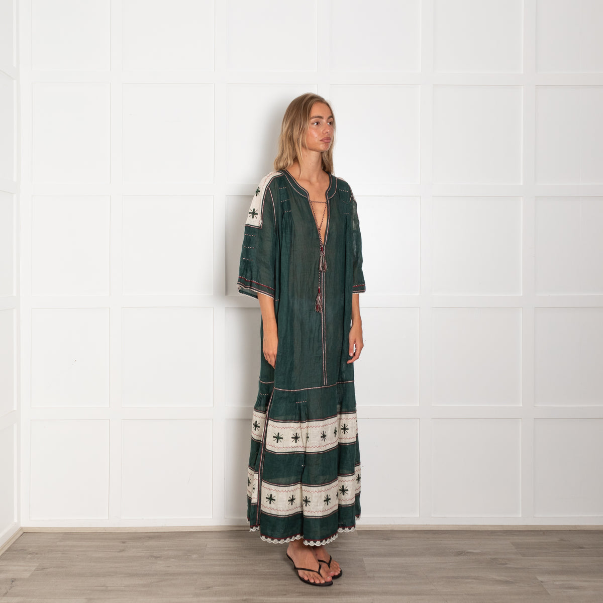 Vita Kin Dark Green Cream Linen Long Kaftan Dress
