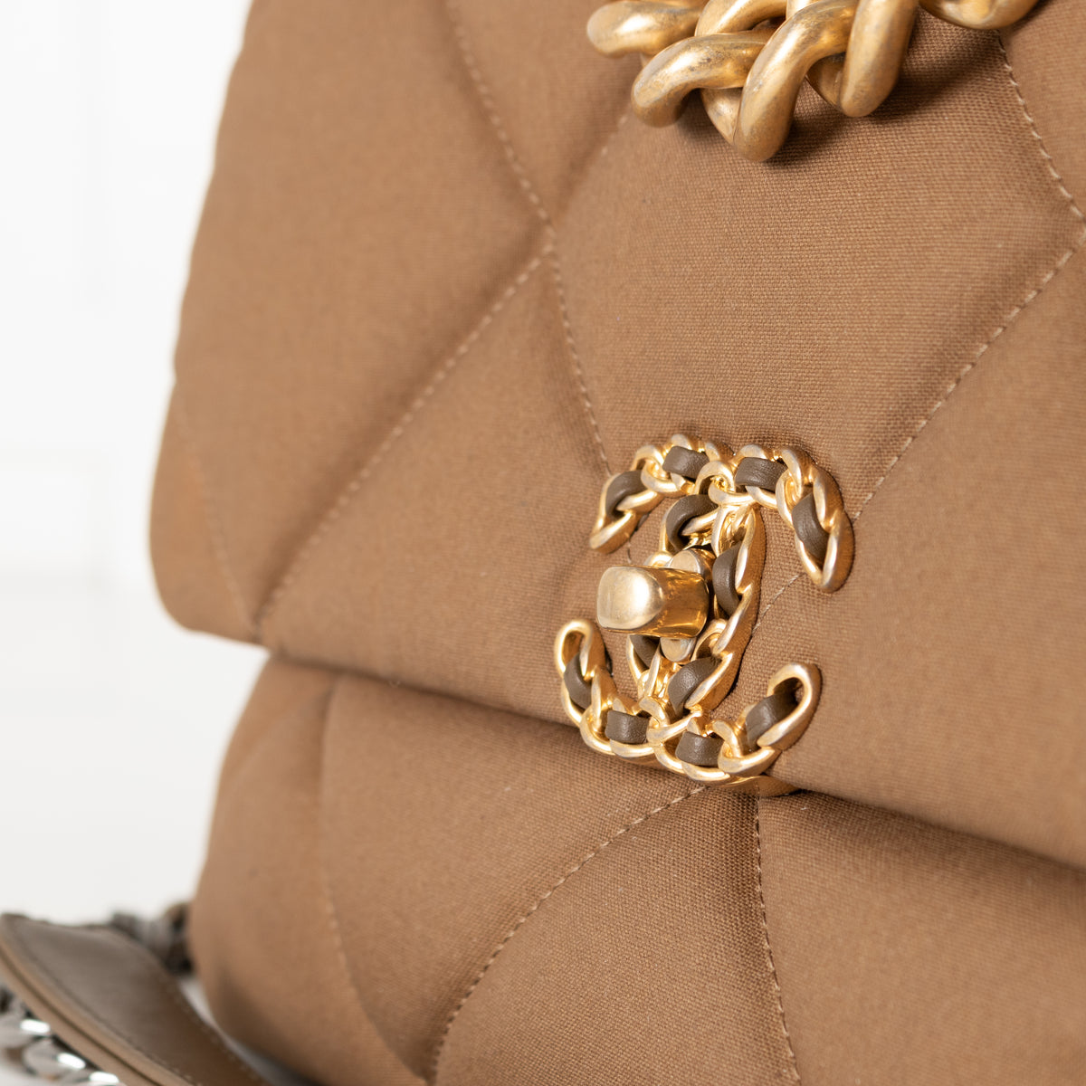 Chanel Fabric Khaki Quilted Shoulder Bag