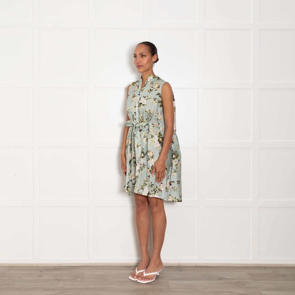 Erdem Aqua Green White Floral Sleeveless Belted Cotton Dress