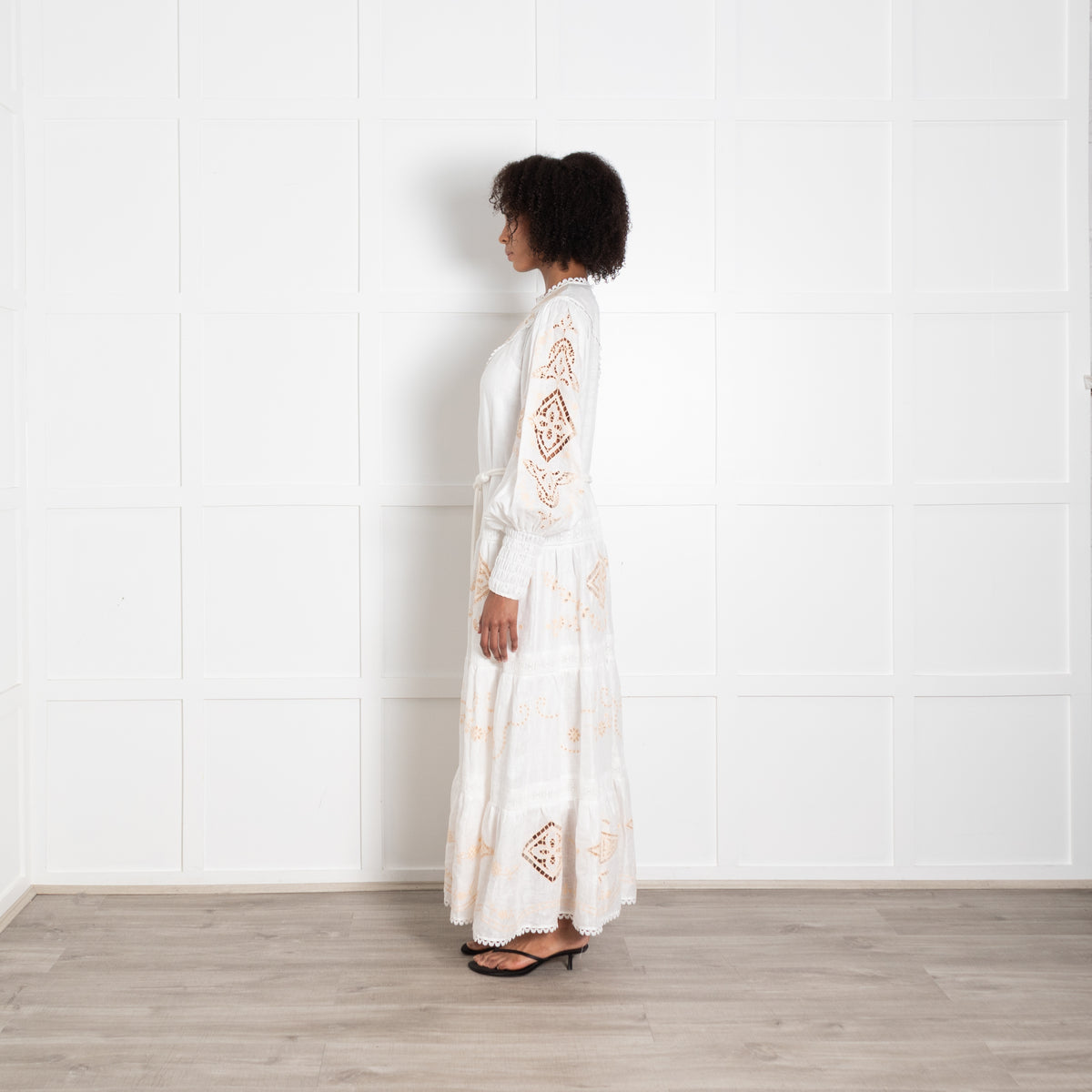Alemais Cream Linen Peach Embroidered Cutwork Detail Sleeved Maxi Dress