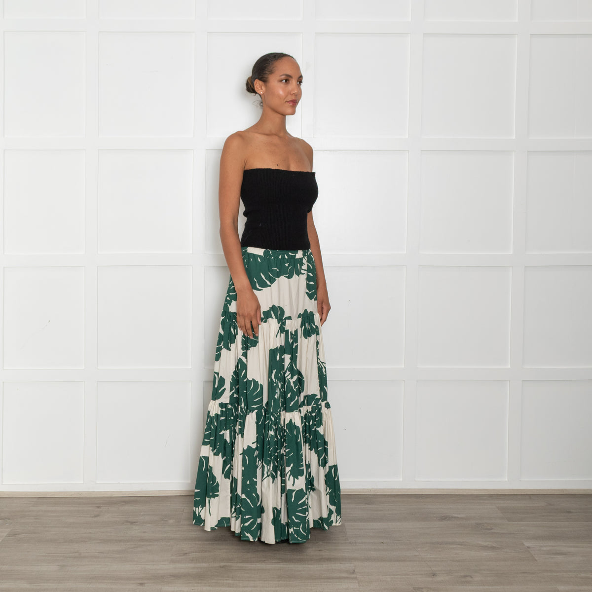 La Double J  Cream Green Botanical Cotton Tiered Maxi Skirt