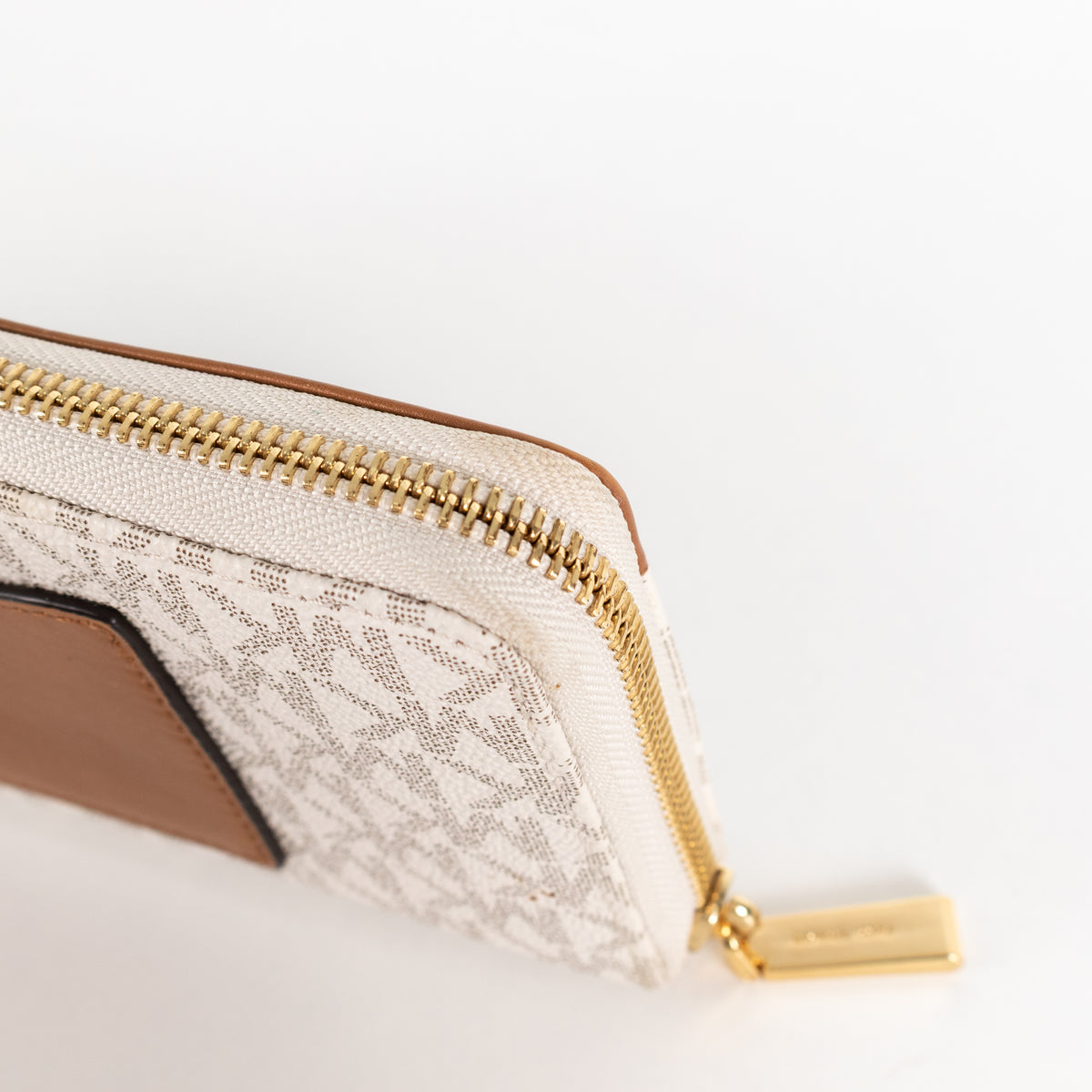 Michael Kors Cream Tan Logo Print Gold Zip Wallet