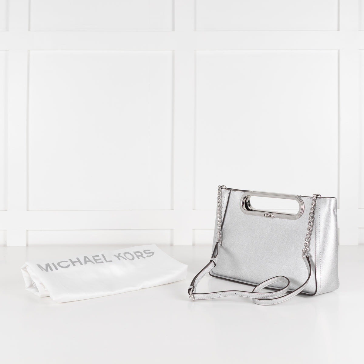 Michael Kors Silver Chelsea Saffiano Leather Convertable Crossbody Bag