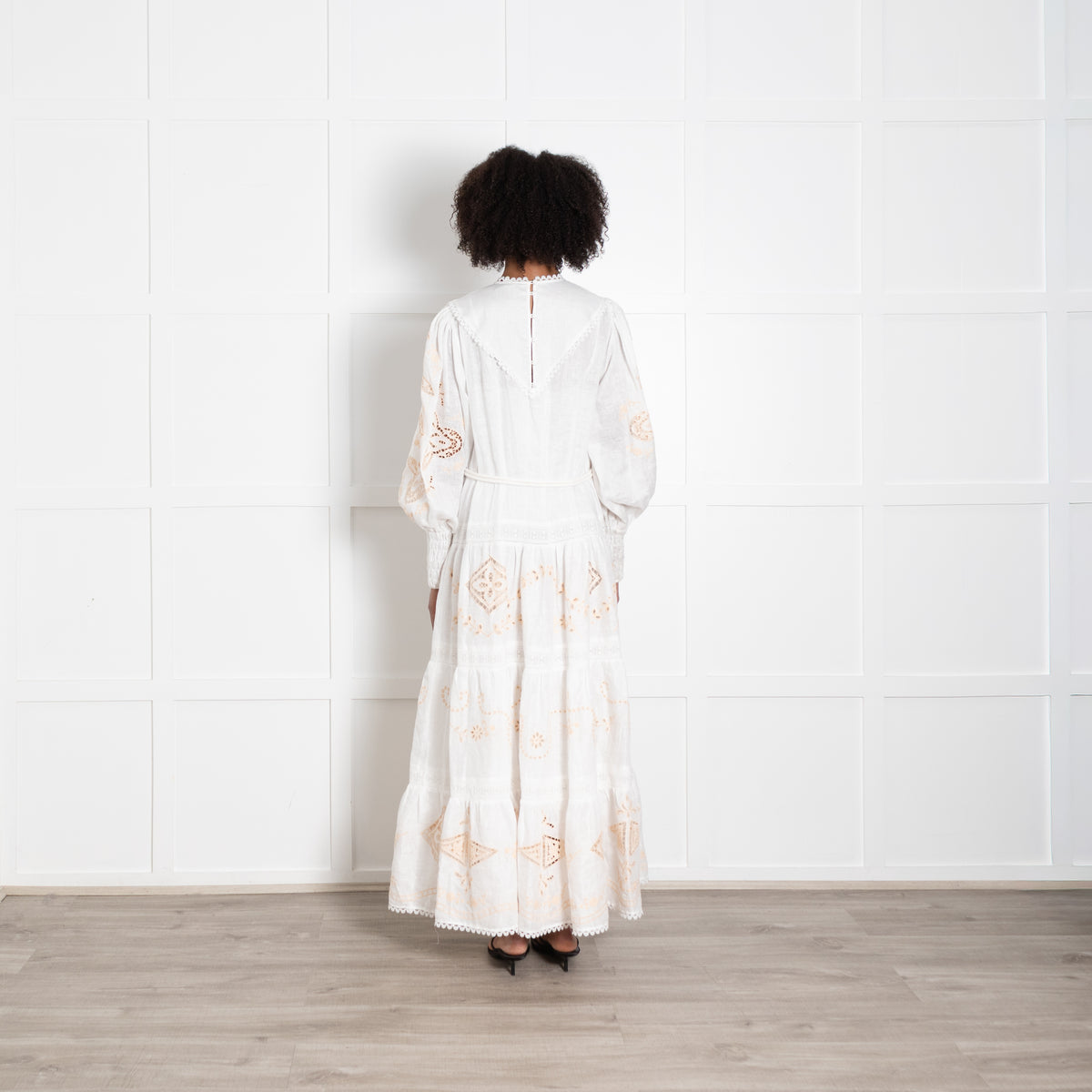 Alemais Cream Linen Peach Embroidered Cutwork Detail Sleeved Maxi Dress