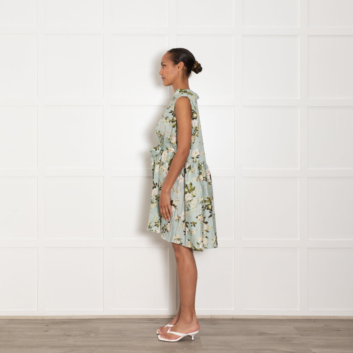 Erdem Aqua Green White Floral Sleeveless Belted Cotton Dress