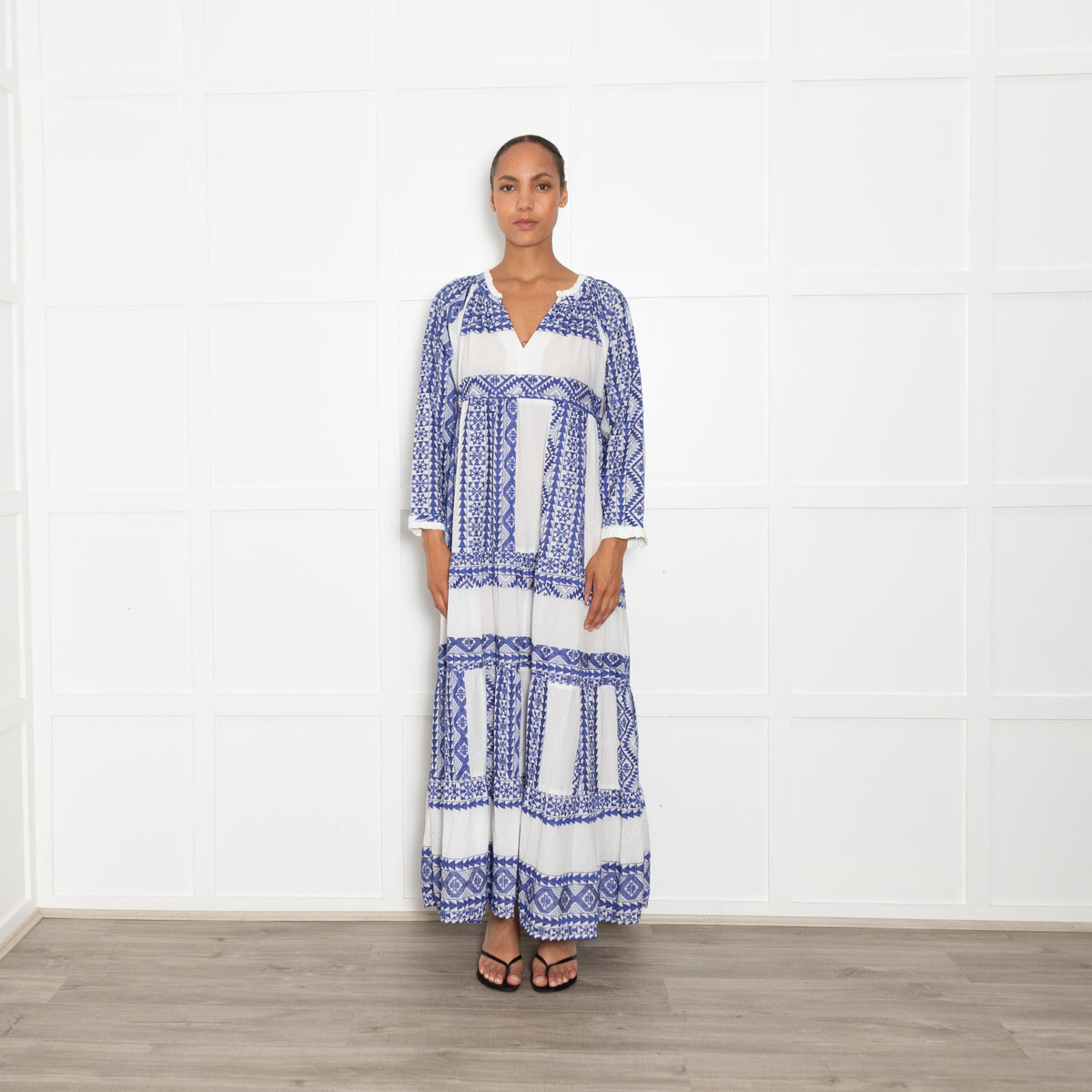 Greek Archaic Kori Blue And White Maxi Dress