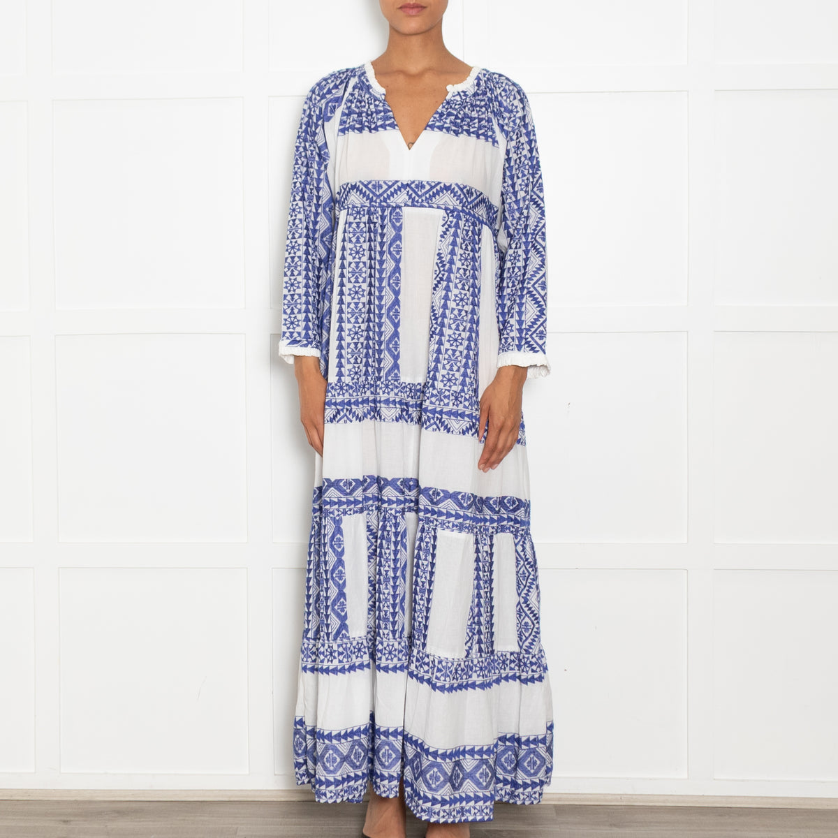 Greek Archaic Kori Blue And White Maxi Dress