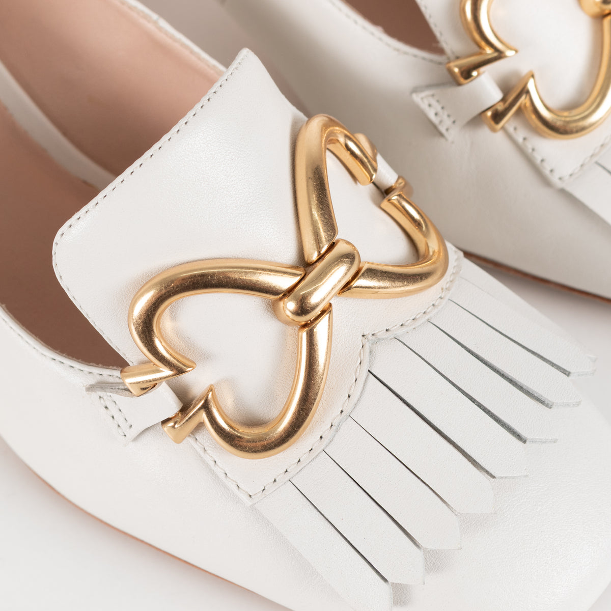 Kate Spade Cream Leather Gold Buckle Block Heeled Loafers