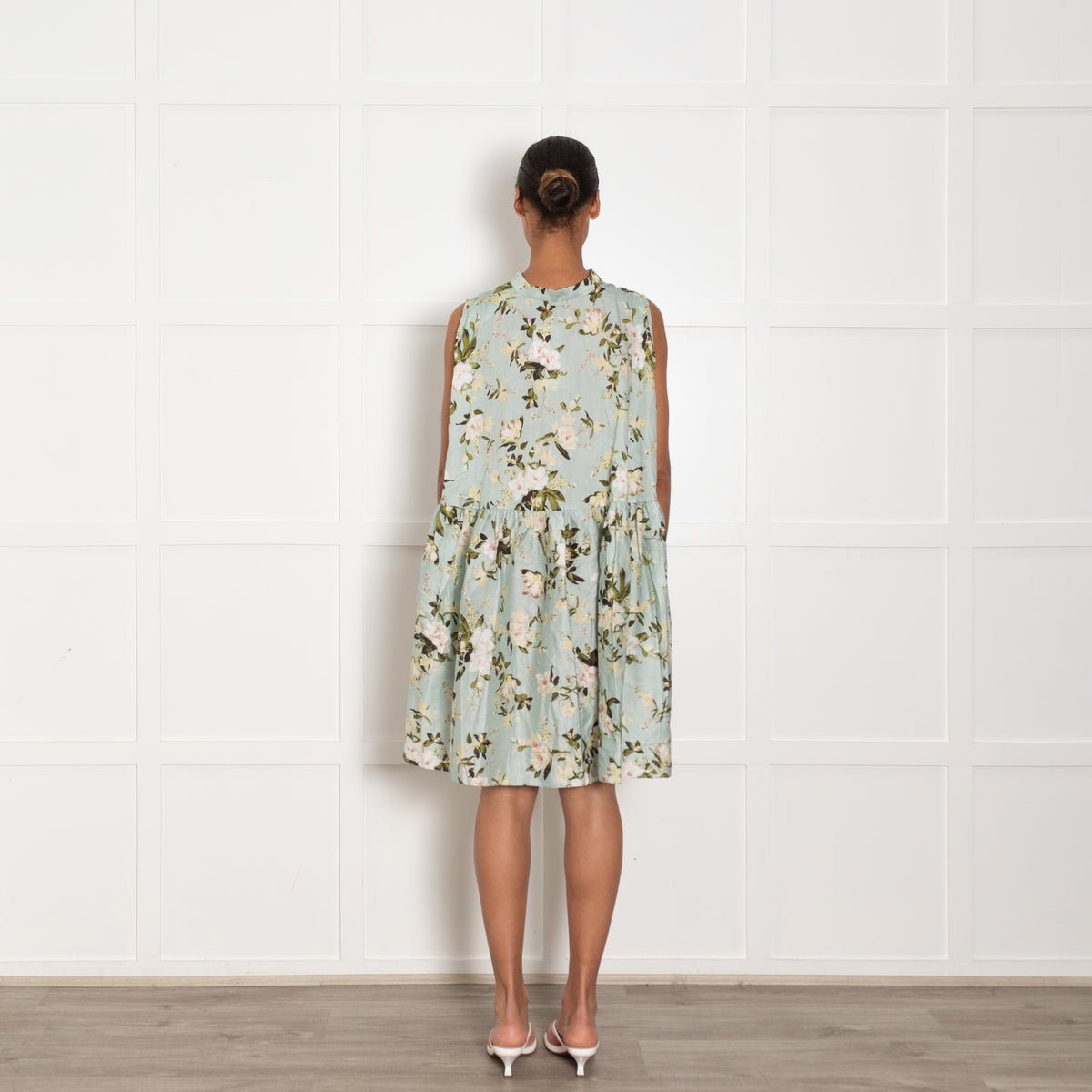 Erdem Aqua Green White Floral Sleeveless Belted Cotton Dress