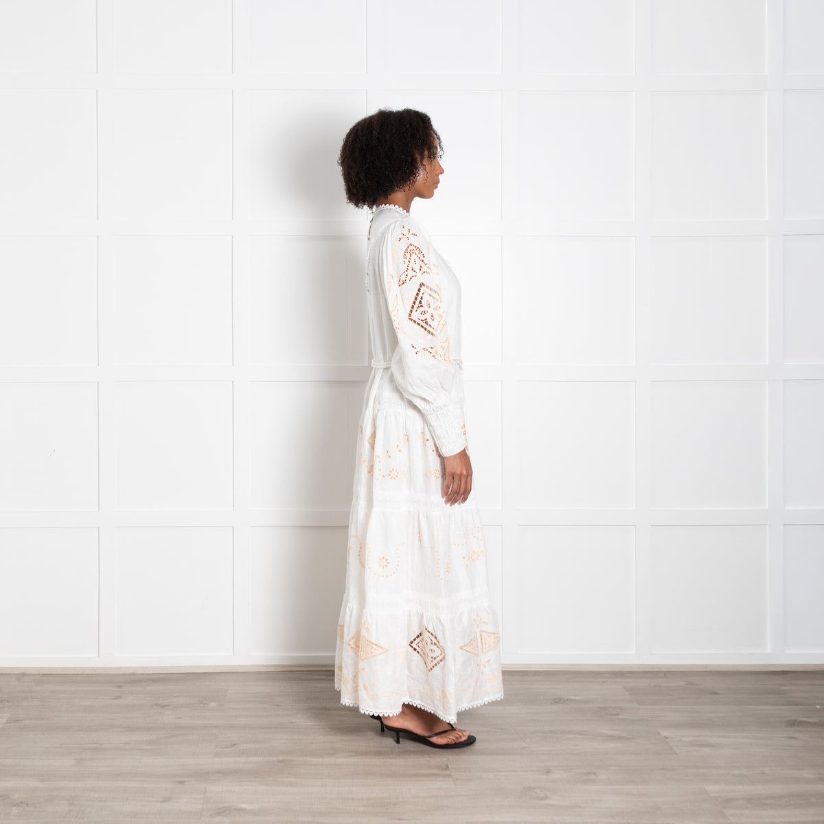 Alemais Cream Linen Peach Embroidered Cutwork Detail Sleeved Maxi Dress